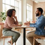 Un homme et une femme discutent paisiblement assis à une table dans une bibliothèque ou un espace de travail moderne.